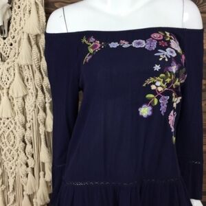 Code Bleu gauzy embroidery floral detail Pom Pom tassel trim. Blue Size M